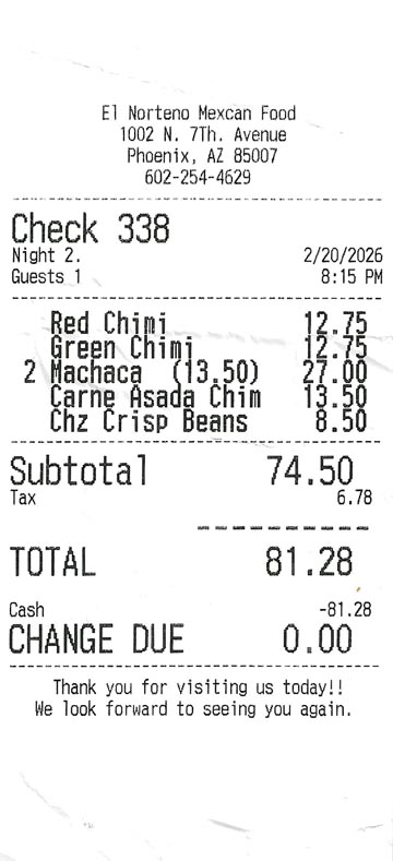 Receipt, El Norte&ntilde;o, Phoenix, Arizona, February 20, 2026