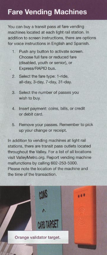 Vending Machines Information, Ride Guide, METRO Light Rail, Phoenix, Arizona