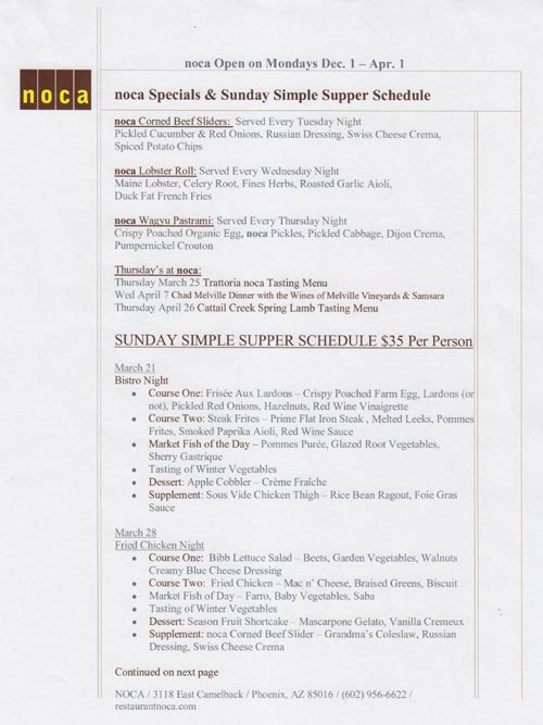 Specials and Sunday Simple Supper Schedule, Restaurant Noca, 3118 East Camelback Road, Phoenix, Arizona