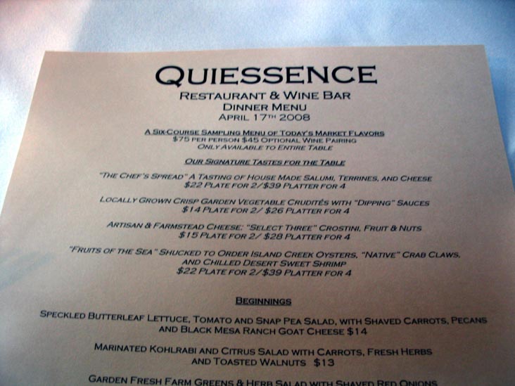 Menu, Quiessence Restaurant and Wine Bar, 6106 South 32nd Street, Phoenix, Arizona