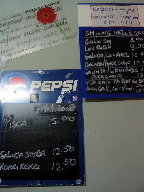 Menu, Nelo's Snack & Restaurant, Savaneta, Aruba