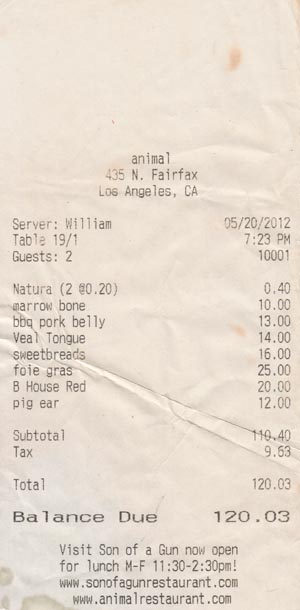 Receipt, Animal Restaurant, 435 North Fairfax Avenue, Los Angeles, California, May 20, 2012