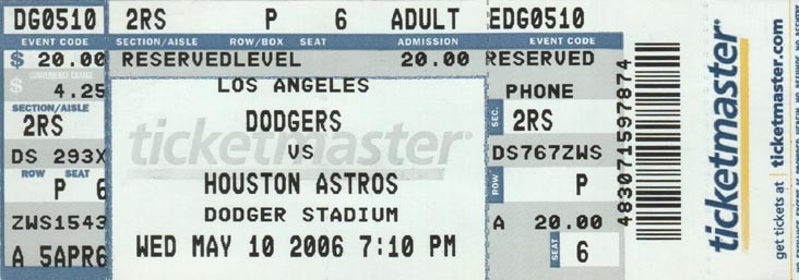 Ticket, Los Angeles Dodgers vs. Houston Astros, May 10, 2006, Dodger Stadium, Los Angeles, California