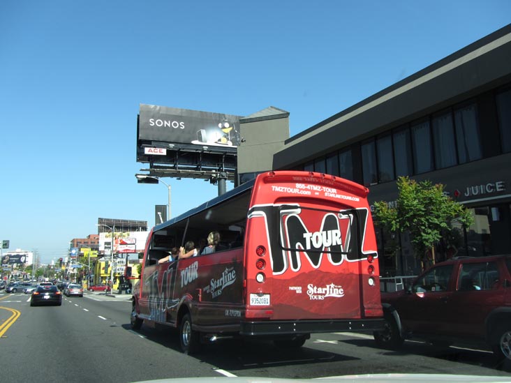 TMZ Tour Bus Between Hilldale Avenue and San Vicente Boulevard, Sunset Boulevard, West Hollywood, California, May 20, 2012