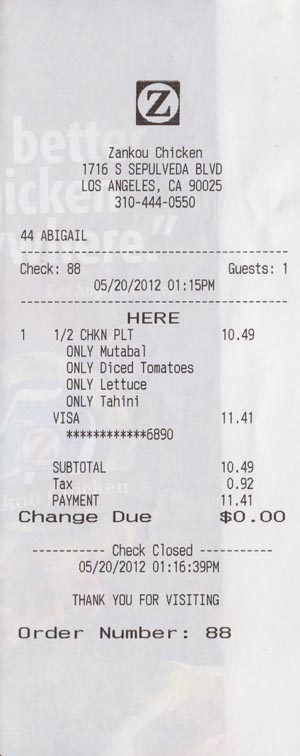 Receipt, Zankou Chicken, 1716 South Sepulveda Boulevard, Los Angeles, California, May 20, 2012
