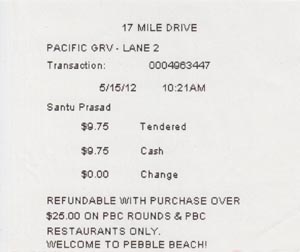 Receipt, 17-Mile Drive, Monterey County, California, May 15, 2012