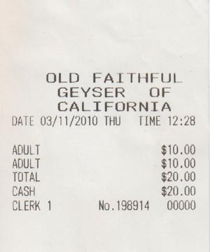 Receipt, Old Faithful Geyser of California, 1299 Tubbs Lane, Calistoga, California