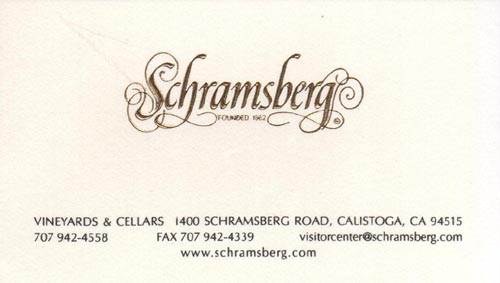 Business Card, Schramsberg Vineyards, 1400 Schramsberg Road, Calistoga, California