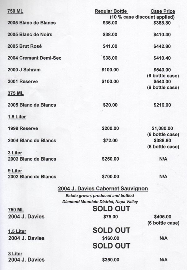 Price List, Schramsberg Vineyards, 1400 Schramsberg Road, Calistoga, California