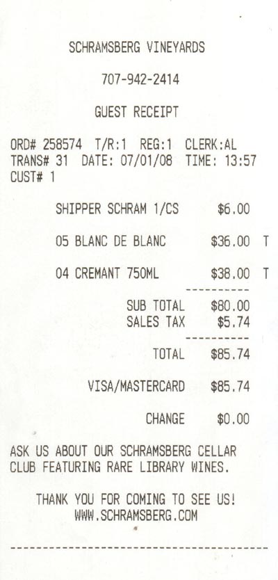 Receipt, Schramsberg Vineyards, 1400 Schramsberg Road, Calistoga, California
