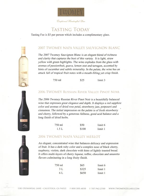Tasting Menu, Twomey Cellars, 1183 Dunaweal Lane, Calistoga, California