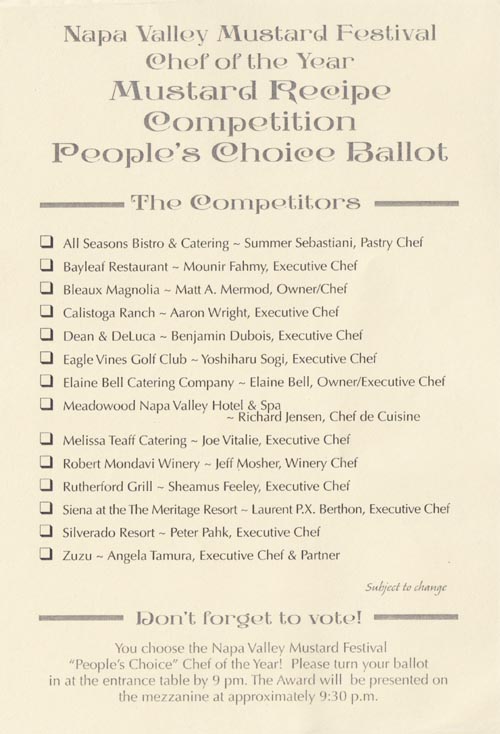 Mustard Recipe Competition People's Choice Ballot, Mustard Festival Spicy Soirée, Black Stallion Winery, 4089 Silverado Trail, Napa, California, March 13, 2009