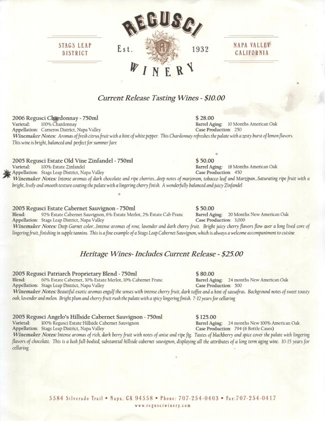 Tasting Menu, Regusci Winery, 5584 Silverado Trail, Napa, California