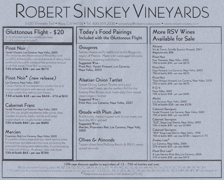 March 2009 Tasting Menu, Robert Sinskey Vineyards, 6320 Silverado Trail, Napa, California