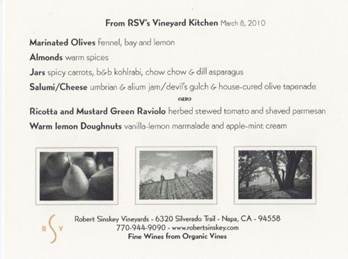 Tasting Menu, Robert Sinskey Vineyards, 6320 Silverado Trail, Napa, California, March 8, 2010