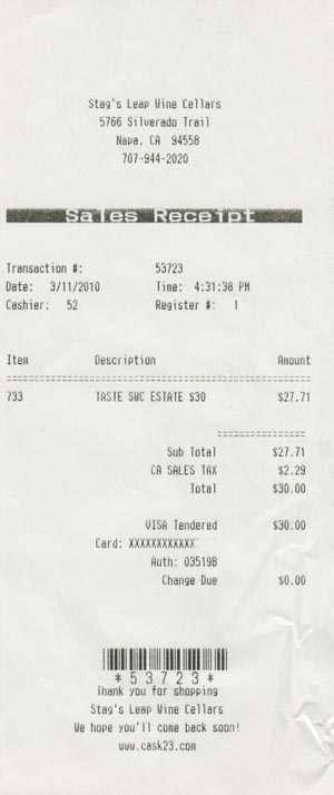 Receipt, Stag's Leap Wine Cellars, 5766 Silverado Trail, Napa, California