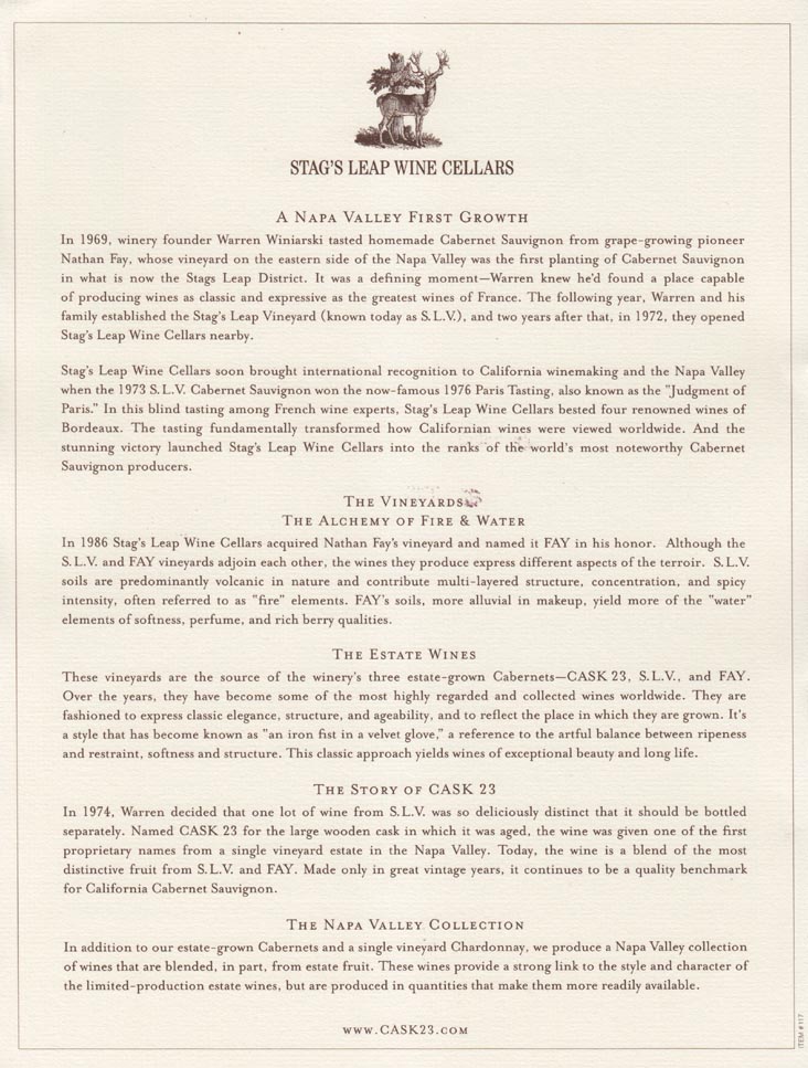 History Information Sheet, Stag's Leap Wine Cellars, 5766 Silverado Trail, Napa, California