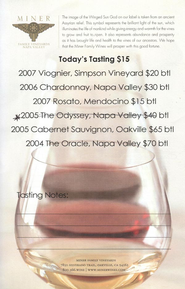 Tasting Menu, Miner Family Vineyards, 7850 Silverado Trail, Oakville, California