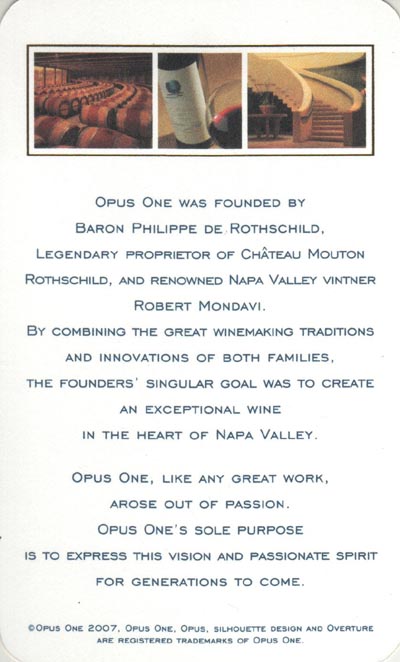 Business Card (Back), Opus One, 7900 St. Helena Highway, Oakville, California