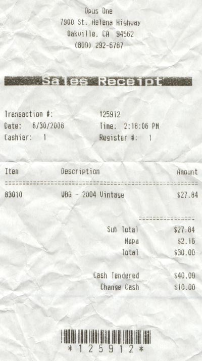 Receipt, Opus One, 7900 St. Helena Highway, Oakville, California