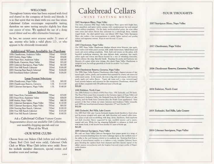 Wine Tasting Menu, Cakebread Cellars, 8300 St. Helena Highway, Rutherford, California