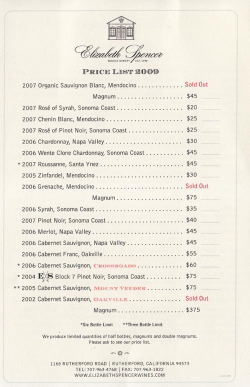 2009 Price List, Elizabeth Spencer Wines, 1165 Rutherford Road, Rutherford, California