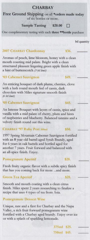 Brochure/Tasting List, Charbay Still House, 4001 Spring Mountain Road, St. Helena, California