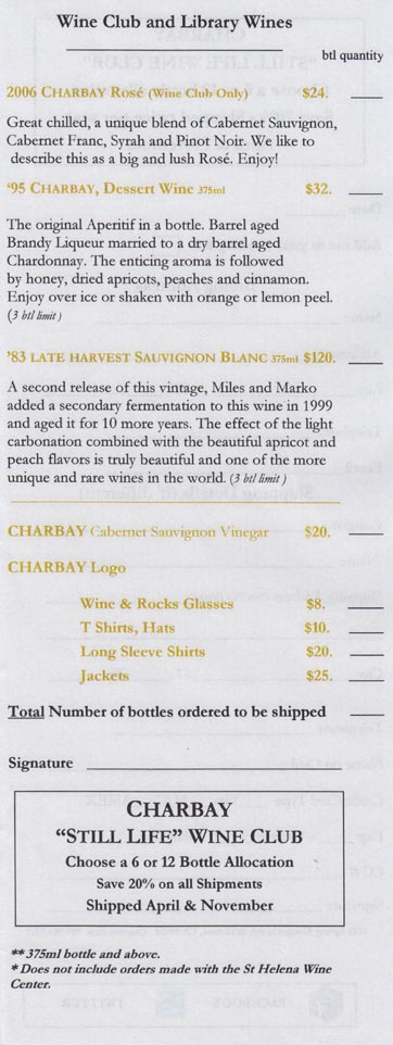 Brochure/Tasting List, Charbay Still House, 4001 Spring Mountain Road, St. Helena, California