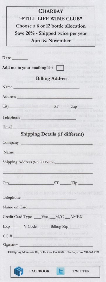 Brochure/Tasting List, Charbay Still House, 4001 Spring Mountain Road, St. Helena, California