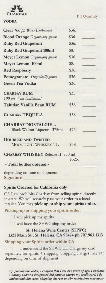 Brochure/Tasting List, Charbay Still House, 4001 Spring Mountain Road, St. Helena, California