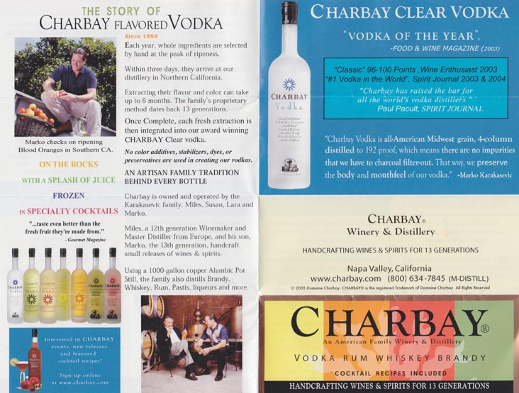 Brochure/Tasting List, Charbay Still House, 4001 Spring Mountain Road, St. Helena, California