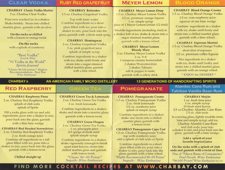 Brochure/Tasting List, Charbay Still House, 4001 Spring Mountain Road, St. Helena, California