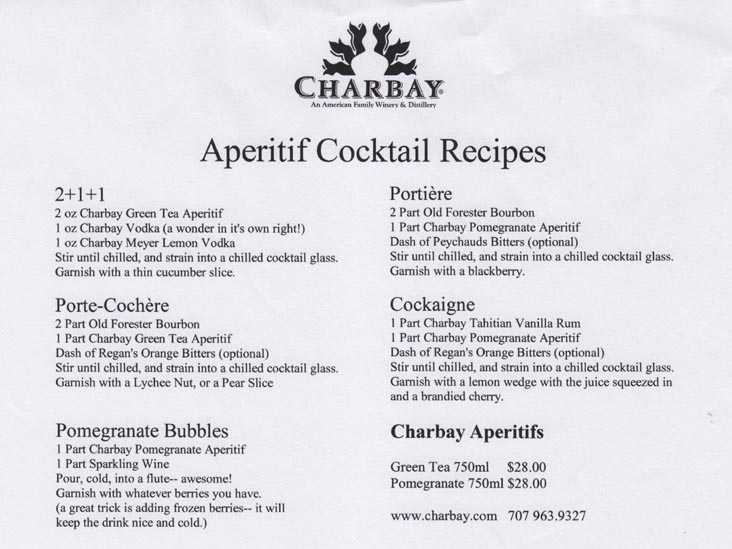 Aperitif Cocktail Recipes, Charbay Still House, 4001 Spring Mountain Road, St. Helena, California