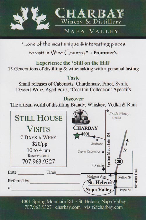 Directions, Charbay Still House, 4001 Spring Mountain Road, St. Helena, California