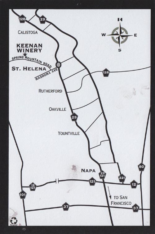Postcard/Directions, Keenan Winery, 3660 Spring Mountain Road, St. Helena, California