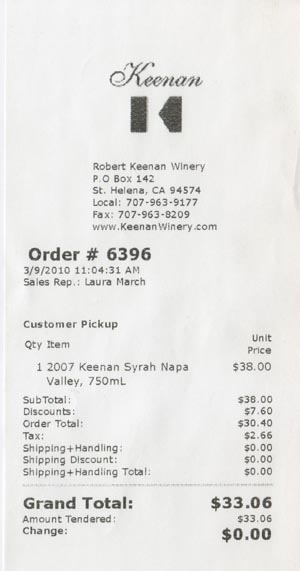 Receipt, Keenan Winery, 3660 Spring Mountain Road, St. Helena, California