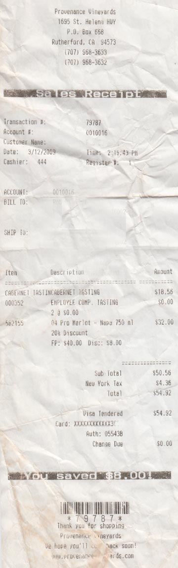 Receipt, Provenance Vineyards, 1695 St. Helena Highway South, St. Helena, California