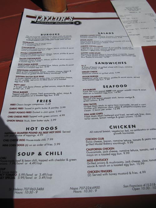 Menu, Taylor's Automatic Refresher, 933 Main Street, St. Helena, California, March 10, 2010