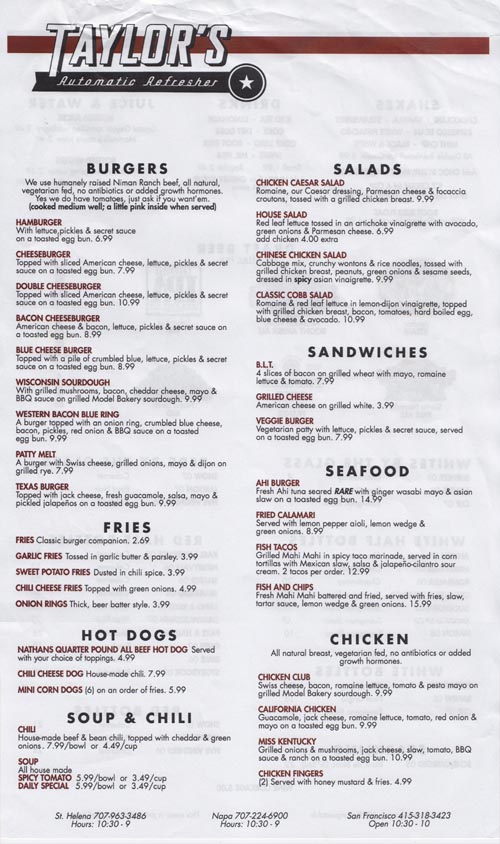 Menu, Taylor's Automatic Refresher, 933 Main Street, St. Helena, California