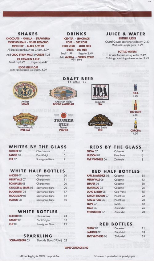 Menu, Taylor's Automatic Refresher, 933 Main Street, St. Helena, California