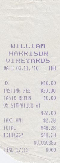 Receipt, William Harrison Vineyards & Winery, 1443 Silverado Trail, St. Helena, California, March 11, 2010