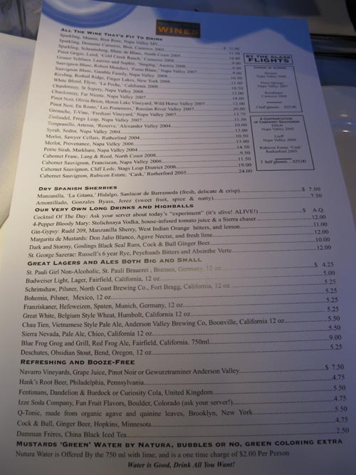 Drink Menu, Mustards Grill, 7399 St. Helena Highway, Yountville, California