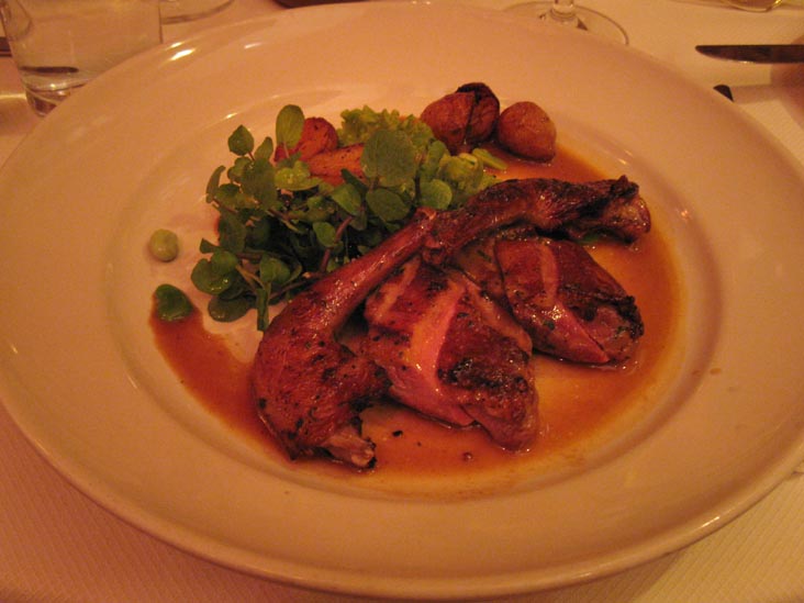 Grilled Paine Farm Squab With Foie Gras Sauce, Long-Cooked Peas, New Onions and Crispy Potatoes, Chez Panisse, 1517 Shattuck Avenue, Berkeley, California, March 6, 2010