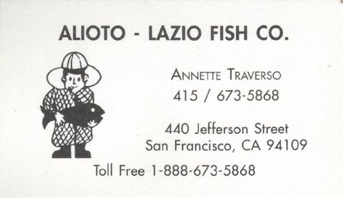 Business Card, Alioto-Lazio Fish Company, 440 Jefferson Street, Fisherman's Wharf, San Francisco, California