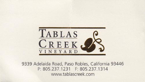 Business Card, Tablas Creek Vineyard, 9339 Adelaida Road, Paso Robles, California