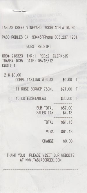Receipt, Tablas Creek Vineyard, 9339 Adelaida Road, Paso Robles, California