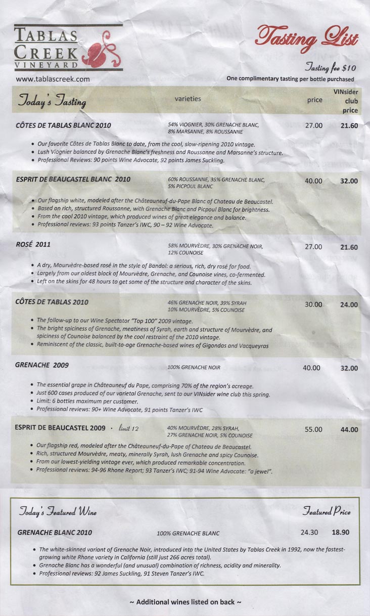 Tasting List, Tablas Creek Vineyard, 9339 Adelaida Road, Paso Robles, California
