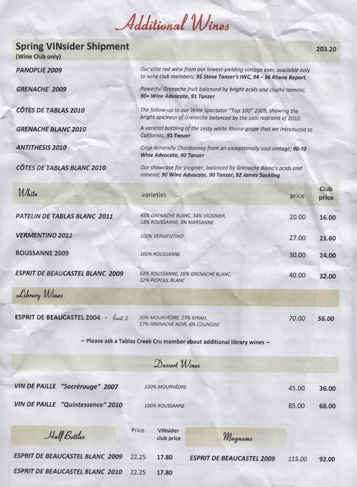 Tasting List, Tablas Creek Vineyard, 9339 Adelaida Road, Paso Robles, California