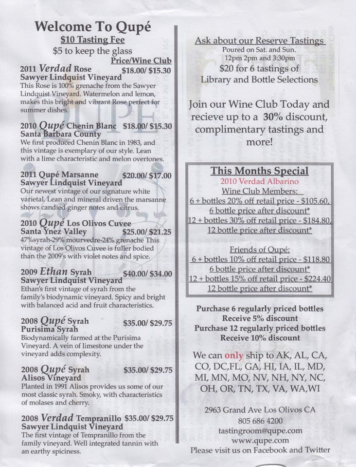 Tasting List, Qupé Wines Tasting Room, 2963 Grand Avenue, Los Olivos, California