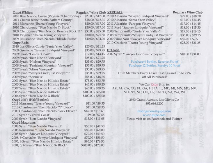 Tasting List, Qupé Wines Tasting Room, 2963 Grand Avenue, Los Olivos, California